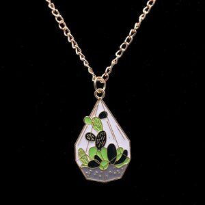 Handmade Goldtone & Green Enamel Cactus Plant Terrarium Necklace, New